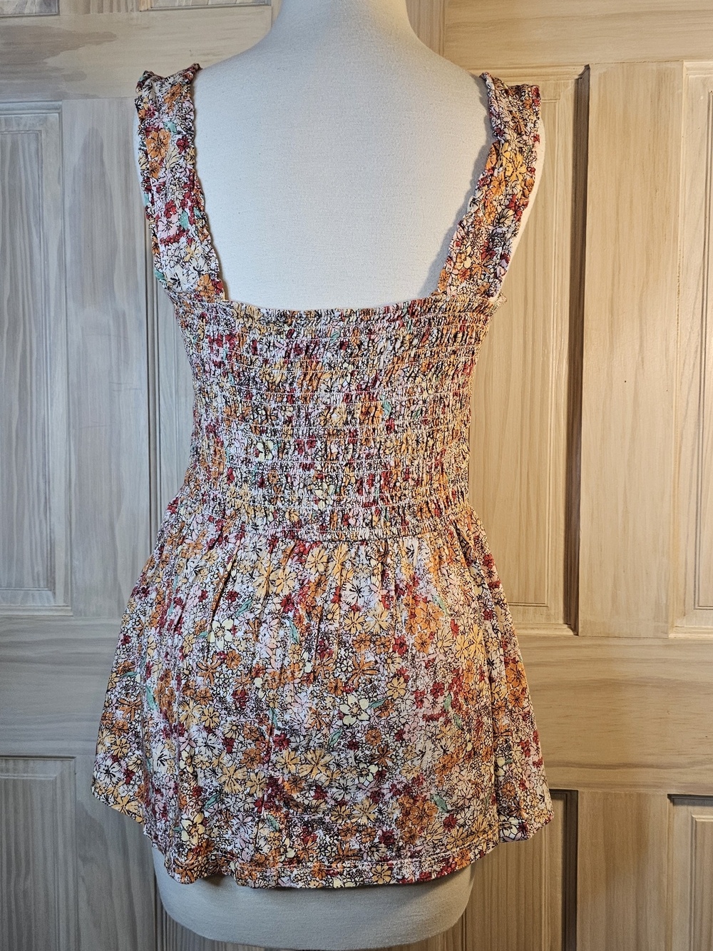 Maurices Multi Floral Smocked Peplum Tank Top - Cream, Yellow, Rust In XL - Picture 3 of 4